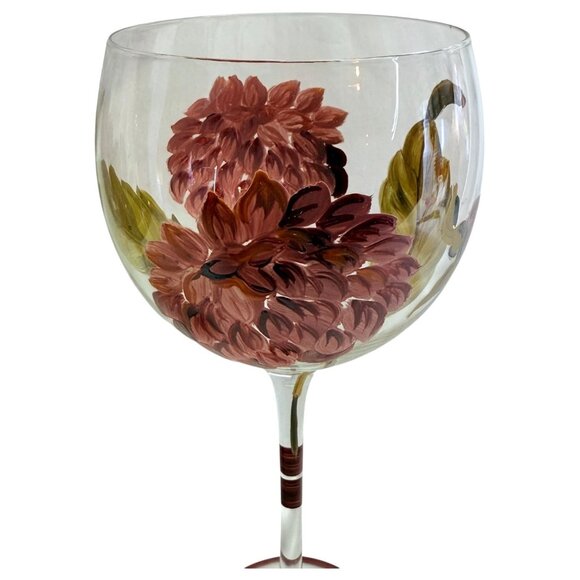 2 BLOCK Basics Hand Painted Floral Balloon Wine Goblets Glass Mum Chrysanthemum - Picture 3 of 8